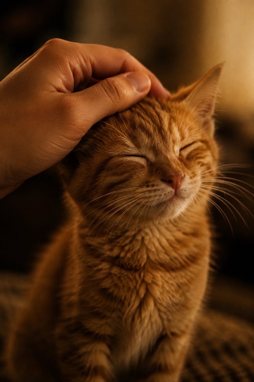 人の手にそっと頭を撫でられる猫